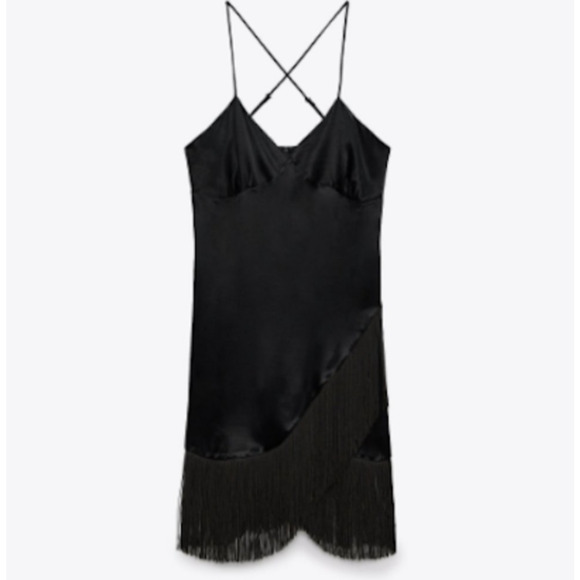 ZARA Spaghetti Strap Satin Fringe Dress Size M Bloggers Fave Holiday New - Picture 4 of 10